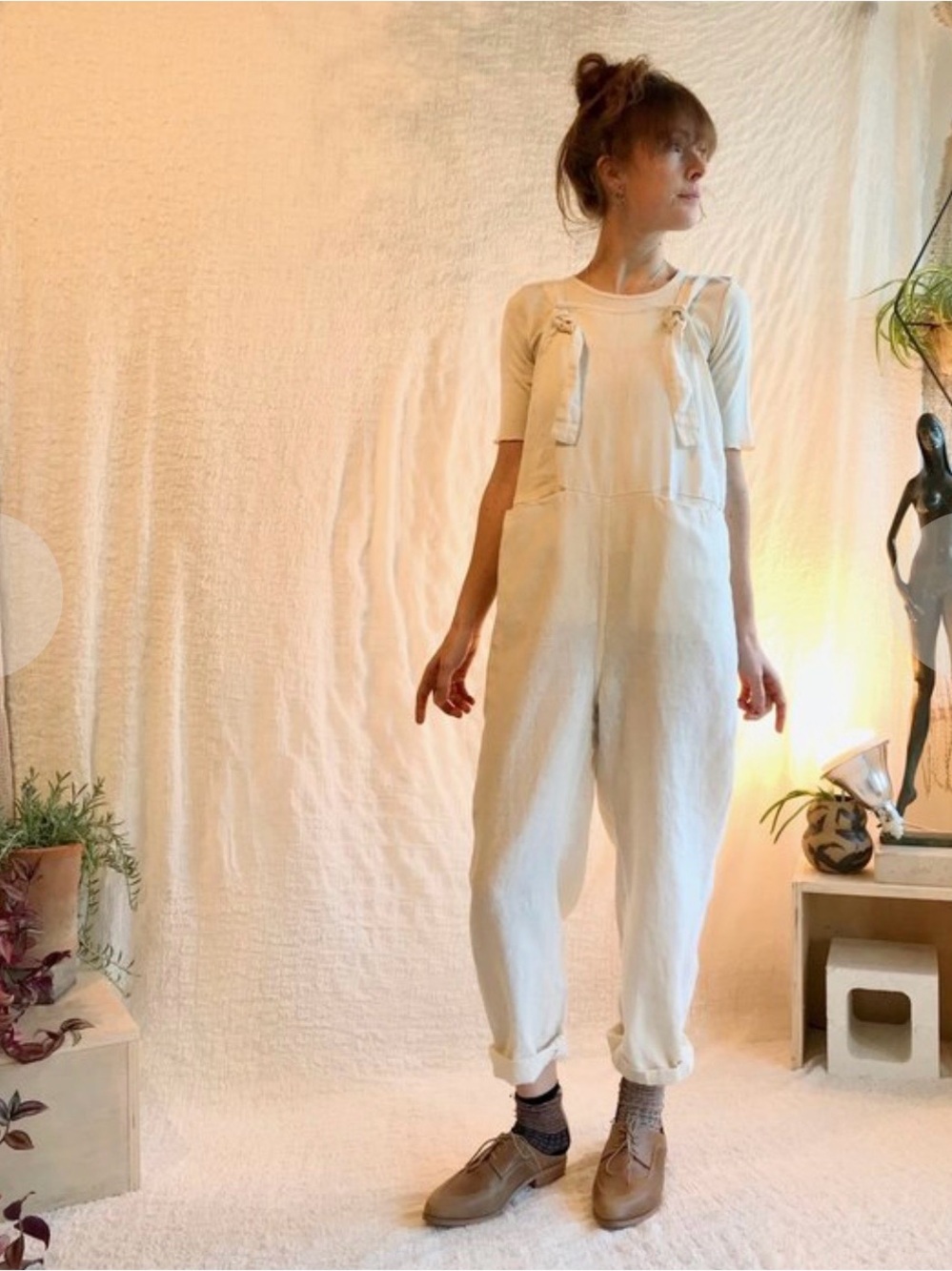 Beaton 100% Linen Women's Overalls in Alabaster with Adjustable Ties